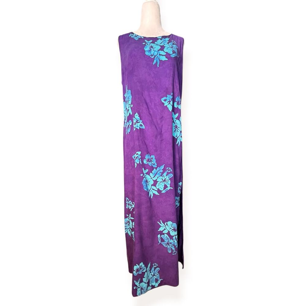 Vintage Bali Batiks Hand Painted Resort Wear Purple Blue Floral Maxi Dress Beach